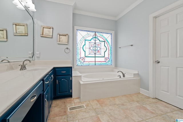 bathroom featuring crown molding, vanity, a bath, and visible vents