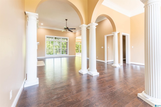 306 Oak Leaf Ln, Glencoe, AL 35905 - unfurnished living room with crown molding, baseboards, ceiling fan, and wood finished floors