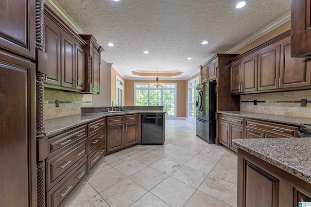306 Oak Leaf Ln, Glencoe, AL 35905 - kitchen featuring ornamental molding, a sink, black appliances, and tasteful backsplash