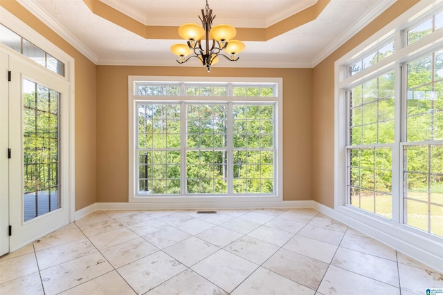 306 Oak Leaf Ln, Glencoe, AL 35905 - unfurnished dining area with a notable chandelier, a healthy amount of sunlight, and a raised ceiling