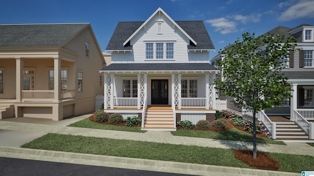 bungalow-style home featuring covered porch, stairs, and roof with shingles
