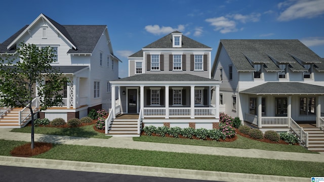 view of front of property featuring covered porch, stairs, and a front lawn
