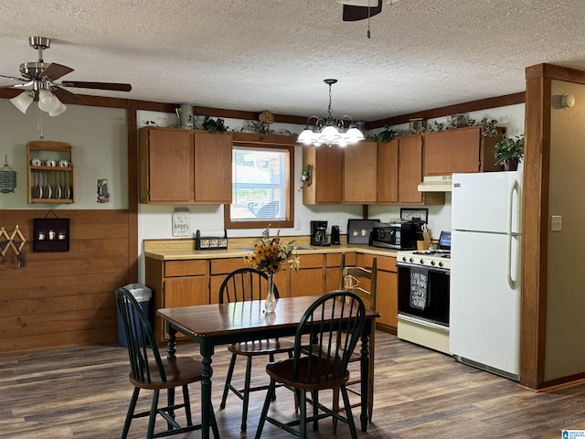 kitchen with a textured ceiling, gas range, freestanding refrigerator, ceiling fan with notable chandelier, and under cabinet range hood