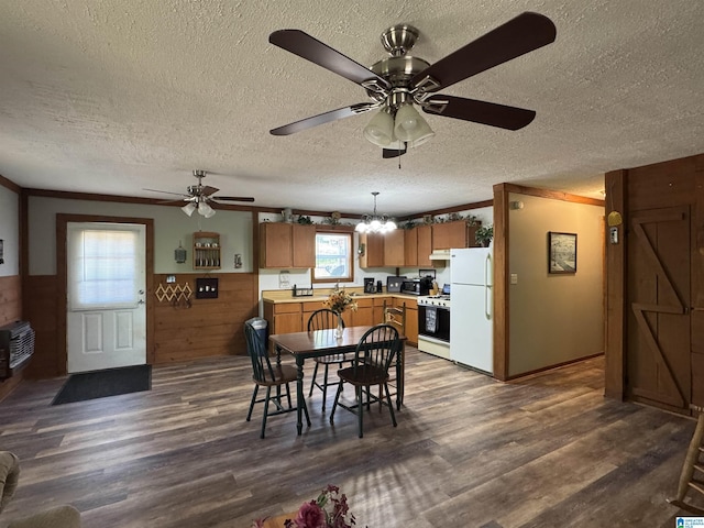 dining room with a textured ceiling, plenty of natural light, ceiling fan with notable chandelier, and dark wood-type flooring