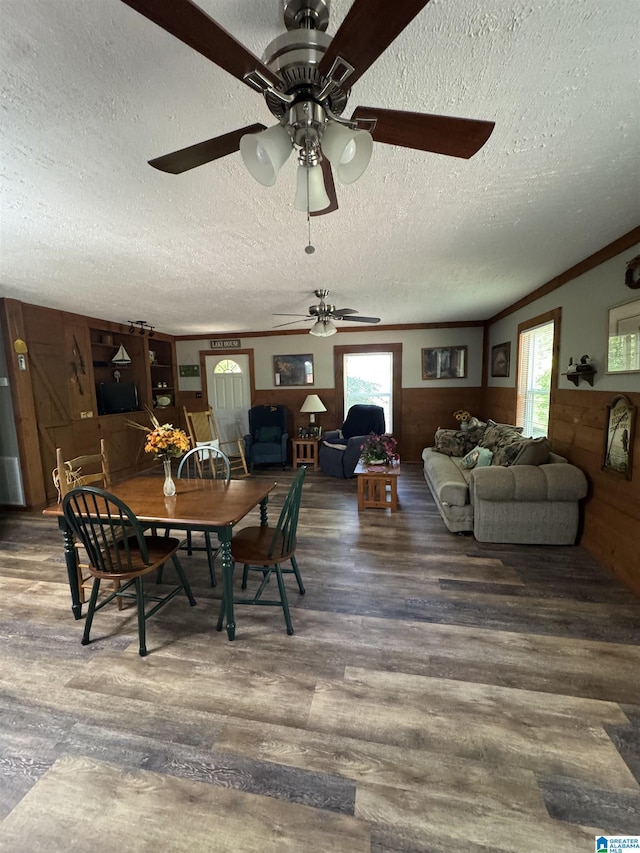 dining room featuring a textured ceiling, ceiling fan, and a healthy amount of sunlight