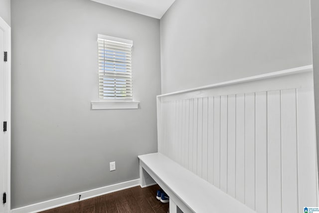 mudroom featuring baseboards and dark wood finished floors