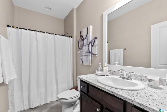 full bathroom with vanity, tile patterned flooring, a shower with curtain, and toilet