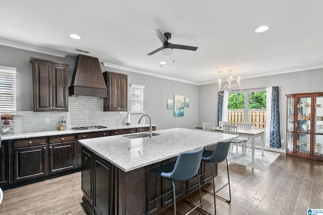 kitchen featuring a kitchen island with sink, premium range hood, a sink, ceiling fan with notable chandelier, and stainless steel gas stovetop