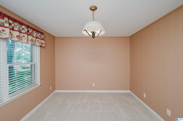 spare room featuring baseboards, a textured ceiling, and light colored carpet