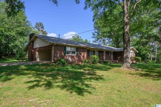 ranch-style house with an attached garage, a front lawn, brick siding, a porch, and driveway