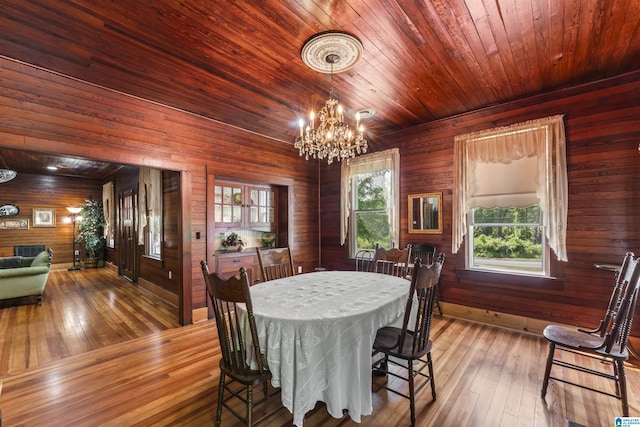 dining room featuring wood walls, wood ceiling, hardwood / wood-style flooring, and a chandelier