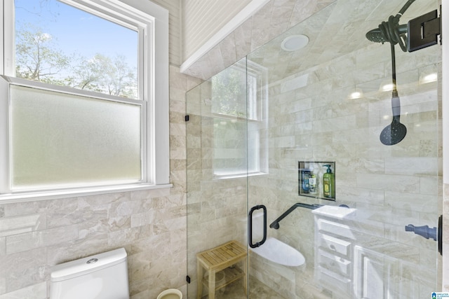 bathroom featuring tile walls, toilet, and a shower stall