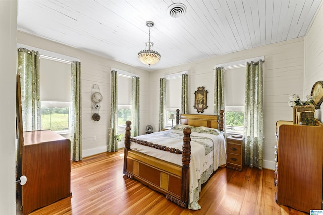 bedroom featuring wood walls, wooden ceiling, wood finished floors, and visible vents