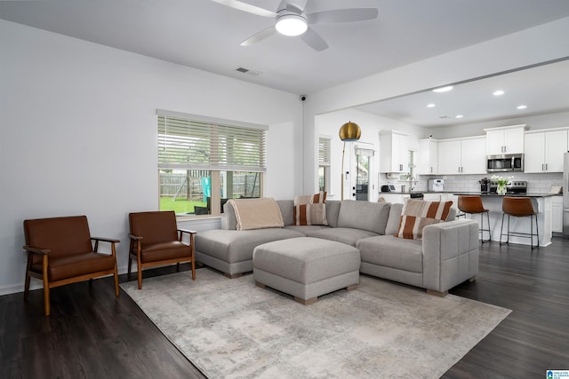 8659 Clarke Ln, Leeds, AL 35094 - living room with visible vents, dark wood-type flooring, ceiling fan, and recessed lighting