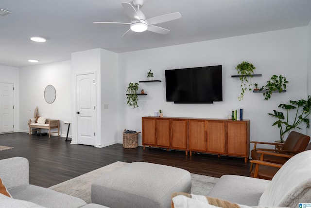 8659 Clarke Ln, Leeds, AL 35094 - living room featuring recessed lighting, baseboards, a ceiling fan, and dark wood-style floors