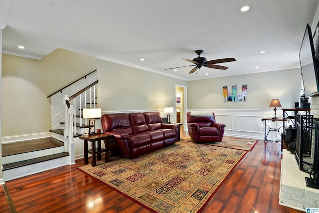 6522 Quail Run Dr, Pelham, AL 35124 - living area featuring ceiling fan, stairway, hardwood / wood-style flooring, wainscoting, and recessed lighting