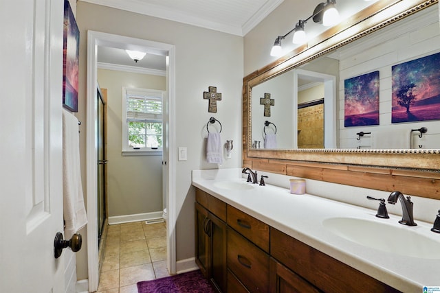 6522 Quail Run Dr, Pelham, AL 35124 - full bathroom featuring a stall shower, double vanity, crown molding, and tile patterned flooring
