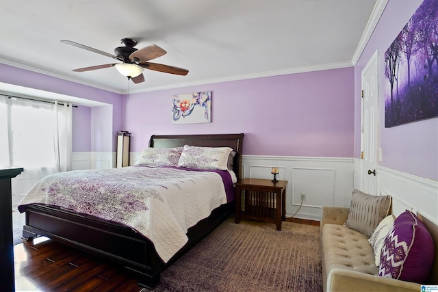6522 Quail Run Dr, Pelham, AL 35124 - bedroom featuring wood finished floors, wainscoting, ornamental molding, and a ceiling fan