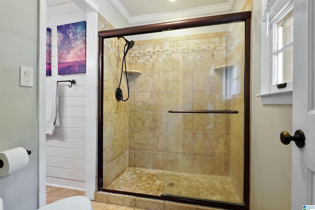 6522 Quail Run Dr, Pelham, AL 35124 - full bath with crown molding, a shower stall, toilet, and tile patterned flooring
