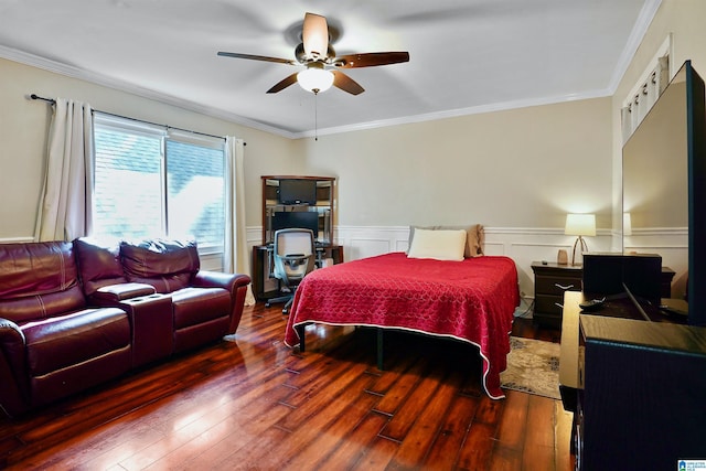 6522 Quail Run Dr, Pelham, AL 35124 - bedroom featuring hardwood / wood-style flooring, ornamental molding, wainscoting, and a ceiling fan