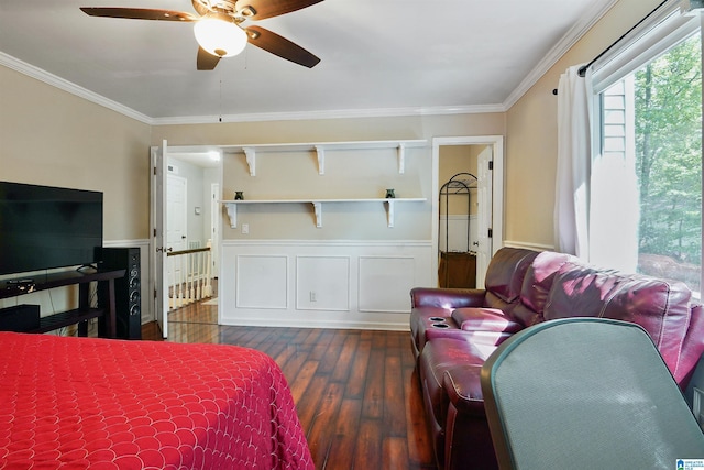 6522 Quail Run Dr, Pelham, AL 35124 - bedroom with dark wood-style floors, crown molding, a wainscoted wall, and ceiling fan