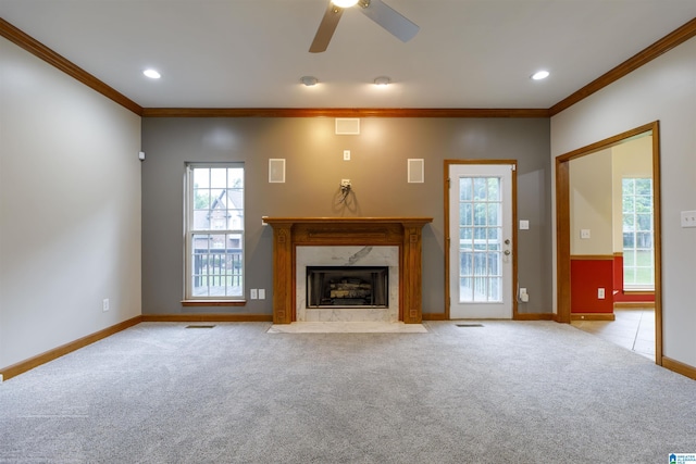 5251 Vintage Way, Mccalla, AL 35111 - unfurnished living room featuring crown molding, carpet, baseboards, and a premium fireplace