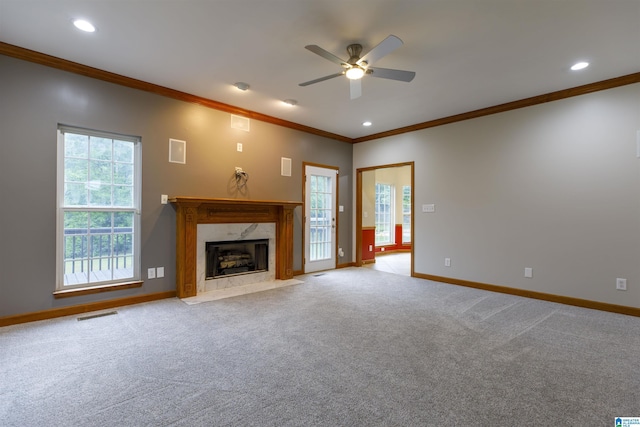 5251 Vintage Way, Mccalla, AL 35111 - unfurnished living room with visible vents, ornamental molding, baseboards, ceiling fan, and a premium fireplace