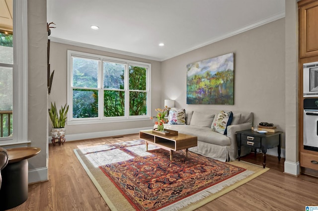living room with wood finished floors, baseboards, ornamental molding, and recessed lighting