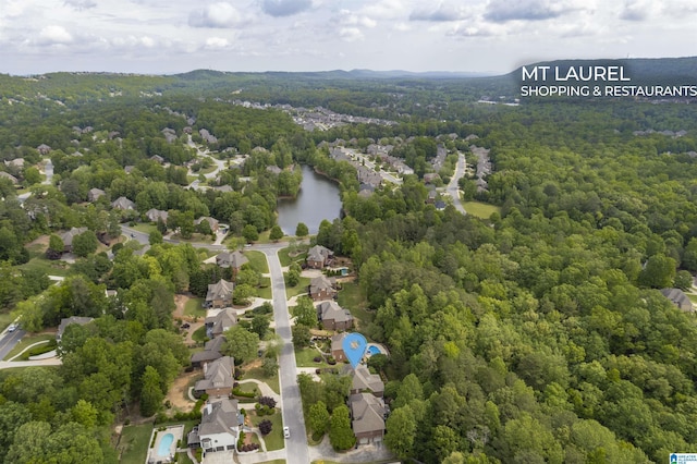 drone / aerial view featuring a water view and a forest view