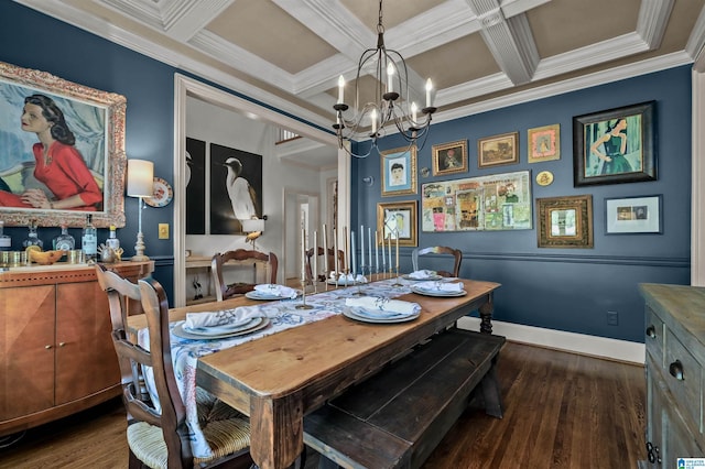 dining room featuring coffered ceiling, a notable chandelier, dark wood-type flooring, and beam ceiling
