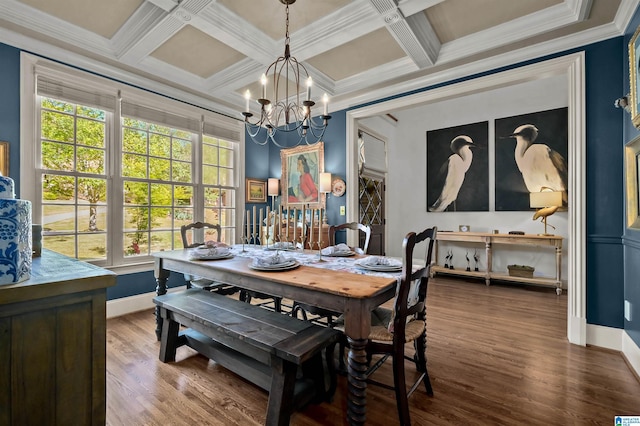 dining area with baseboards, a notable chandelier, plenty of natural light, and wood finished floors