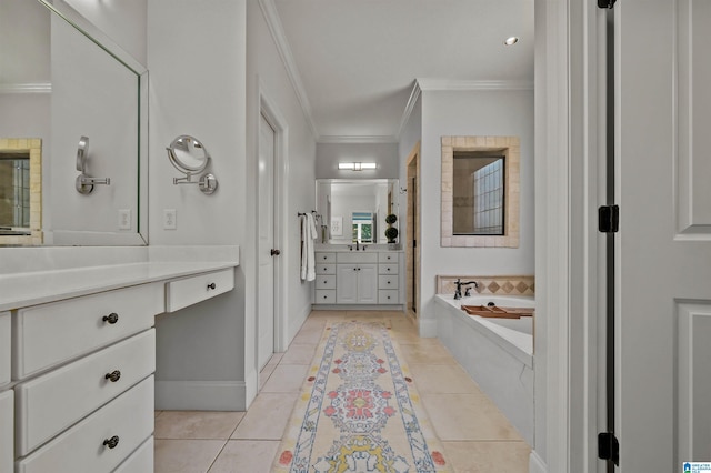 full bath featuring vanity, ornamental molding, a bath, and tile patterned floors