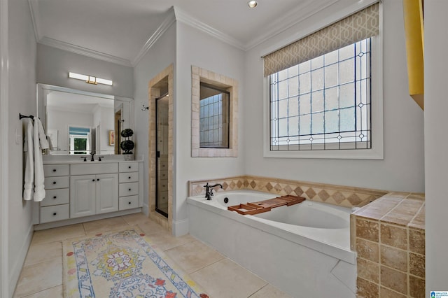 bathroom featuring vanity, a garden tub, a shower stall, and plenty of natural light