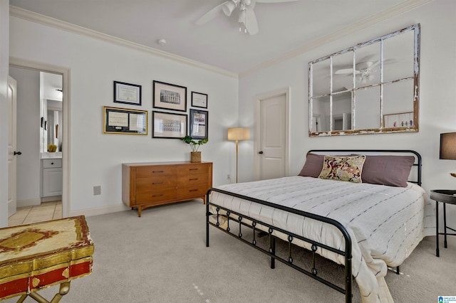 bedroom featuring ornamental molding, carpet floors, a ceiling fan, connected bathroom, and baseboards