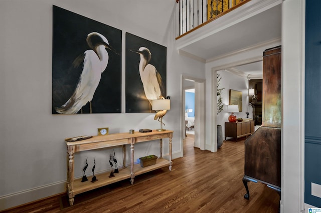 entryway with baseboards, ornamental molding, and wood finished floors