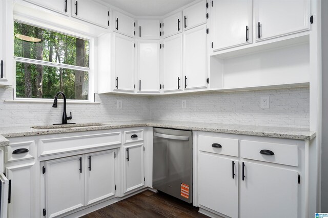 1006 Cannon Cir, Birmingham, AL 35235 - kitchen with stainless steel dishwasher, white cabinetry, decorative backsplash, and a sink