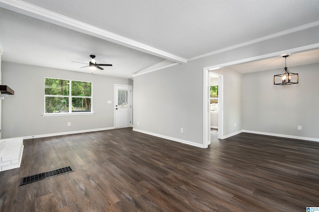 1006 Cannon Cir, Birmingham, AL 35235 - unfurnished living room with a ceiling fan, a textured ceiling, visible vents, and dark wood-type flooring
