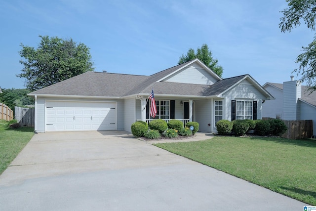 ranch-style house featuring a porch, driveway, a front yard, a garage, and fence