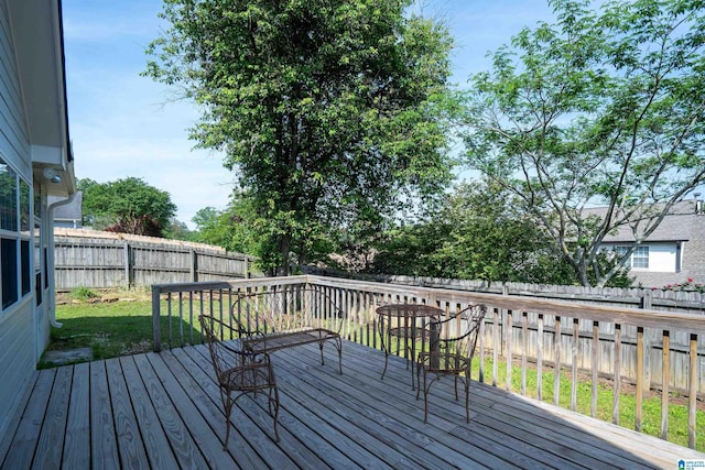 wooden deck featuring a lawn and a fenced backyard