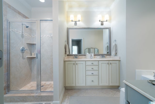 full bathroom featuring a sink, ornamental molding, a shower stall, and double vanity