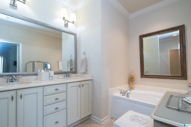bathroom featuring a sink, double vanity, visible vents, ornamental molding, and a bath