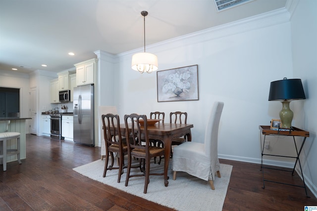 dining area with crown molding, visible vents, recessed lighting, and dark wood-type flooring