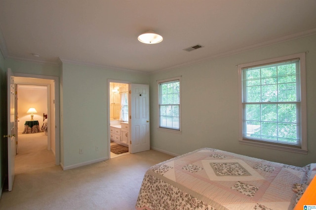836 Tulip Poplar Dr, Hoover, AL 35244 - bedroom featuring crown molding, light colored carpet, baseboards, and ensuite bath