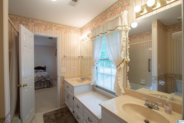 836 Tulip Poplar Dr, Hoover, AL 35244 - bathroom featuring wallpapered walls, vanity, ensuite bath, and a shower