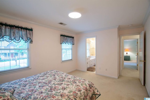 836 Tulip Poplar Dr, Hoover, AL 35244 - bedroom with crown molding, light carpet, baseboards, and ensuite bathroom