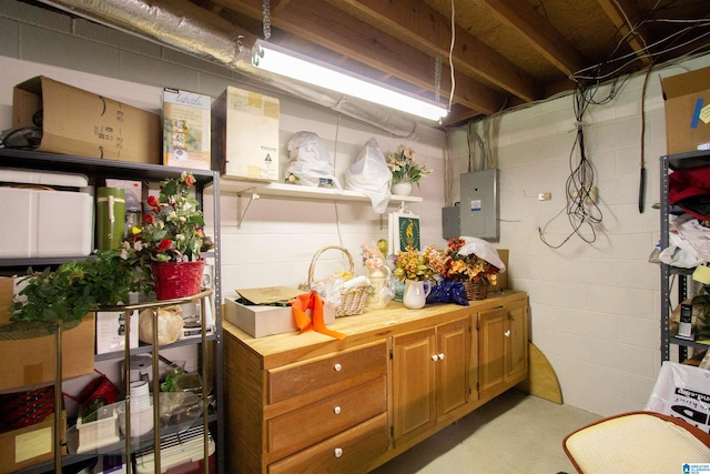 836 Tulip Poplar Dr, Hoover, AL 35244 - kitchen with electric panel, concrete floors, concrete block wall, and butcher block countertops