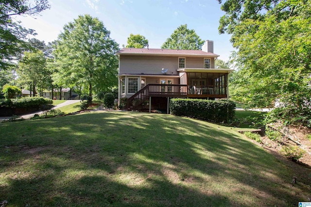 836 Tulip Poplar Dr, Hoover, AL 35244 - back of property with stairs, a chimney, a sunroom, a yard, and a wooden deck