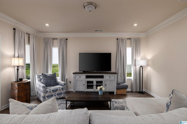living area featuring crown molding, baseboards, and a wealth of natural light