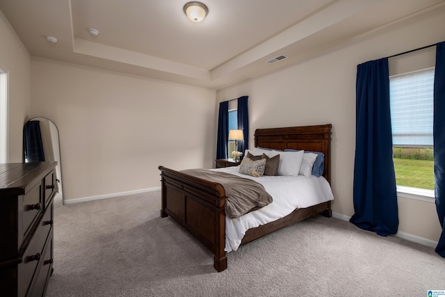 bedroom with carpet floors, baseboards, a raised ceiling, and visible vents