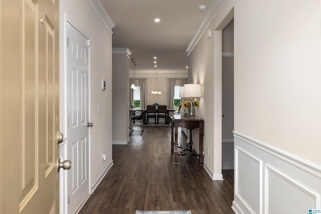 hall with crown molding, baseboards, recessed lighting, and dark wood finished floors